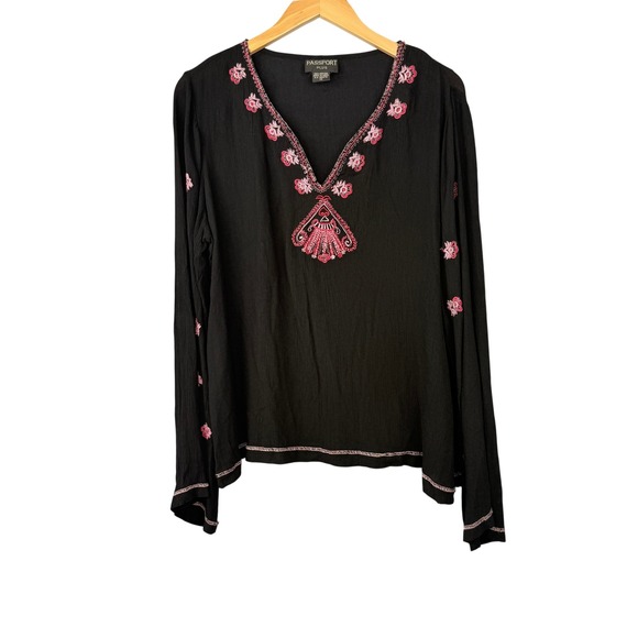 Passport Plus Tops - Passport Plus Peasant Top Women 1X Black Pink Embroidered V-Neck Long Sleeve